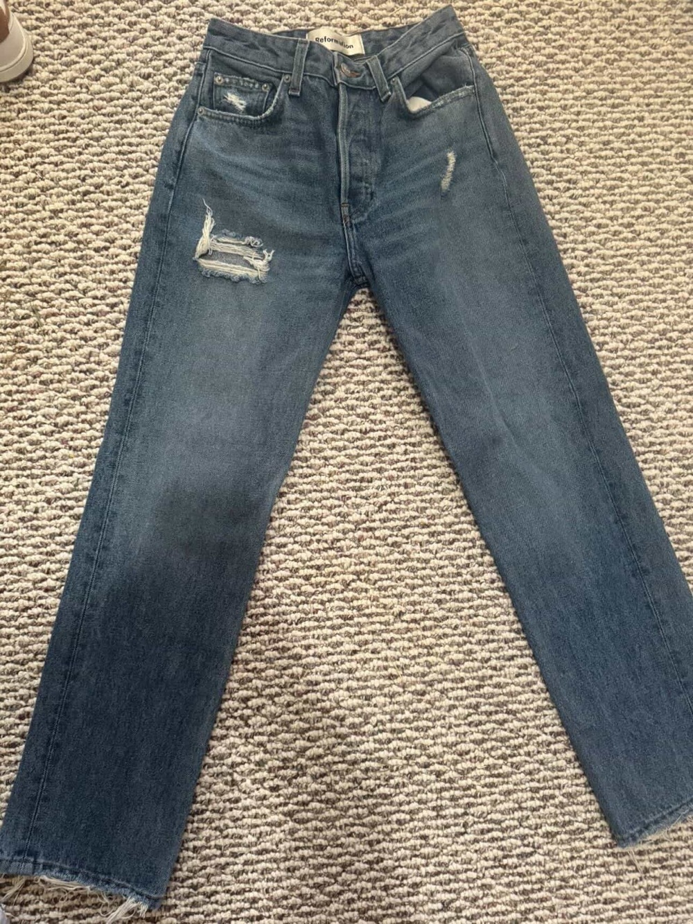 Reformation Men's Straight Jeans in Dark Wash with Distressed Detail